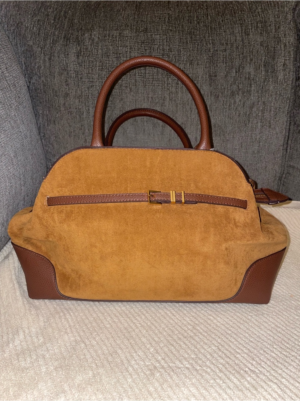 "A New Day" Faux Suede Top-Handle Satchel with Buckle in Cognac Brown Y2K